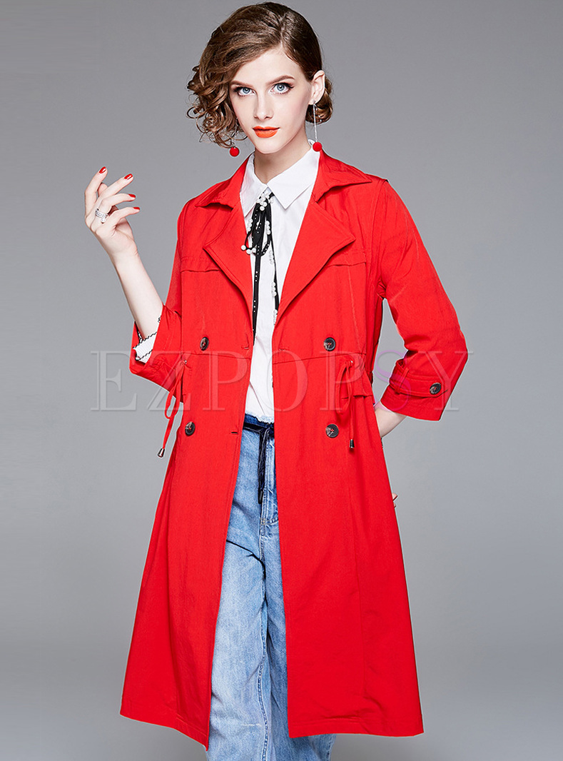 Red Fashionable Turn Down Collar Trench Coat