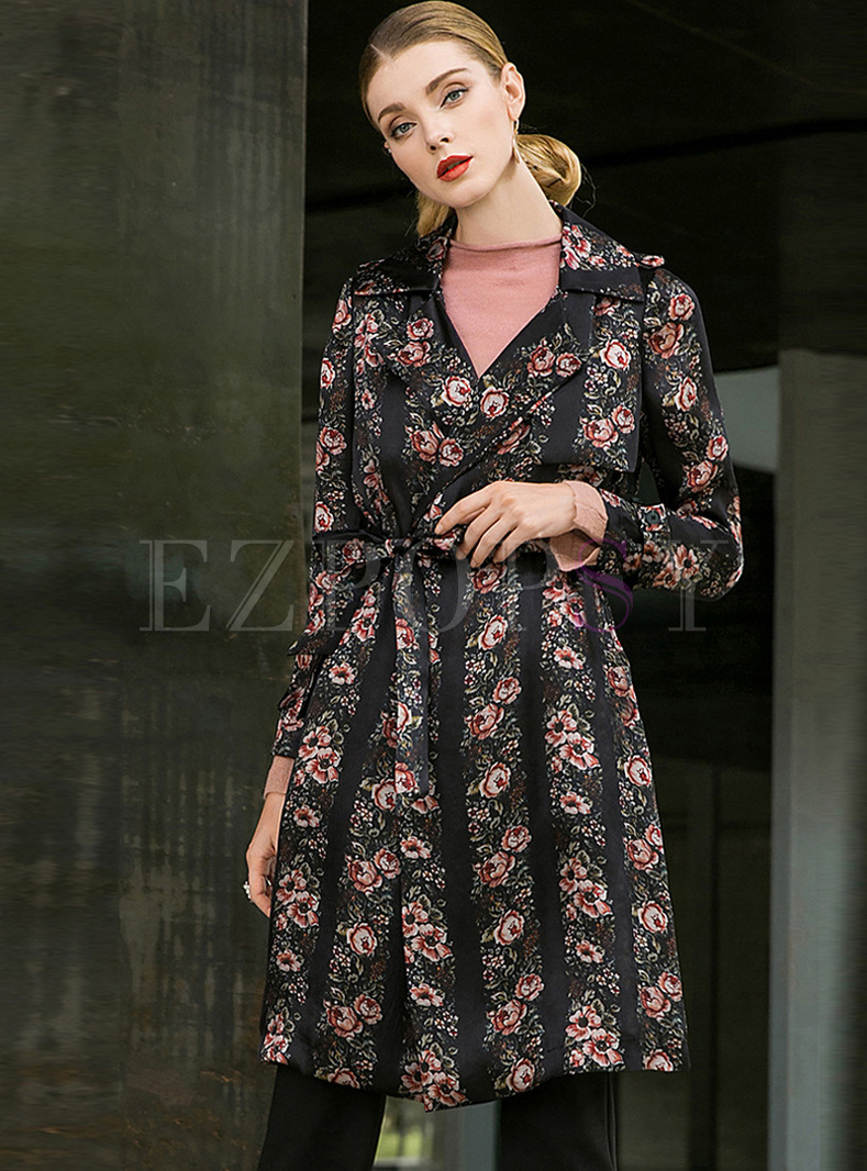 Fashionable Print Notched Trench Coat