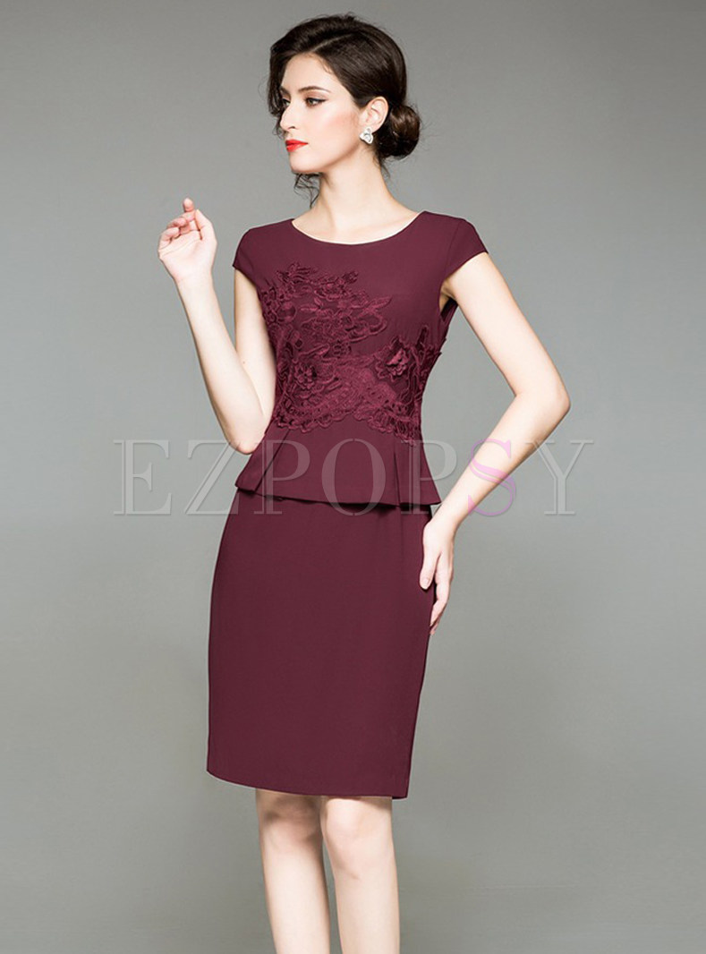 Short Sleeve Flouncing Embroidered Bodycon Dress