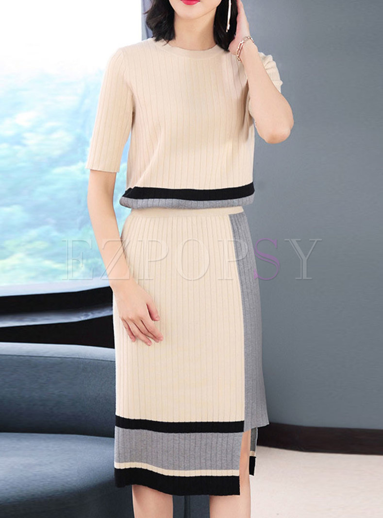 Contrast-Layered Knitted Splicing Two-pieces outfits