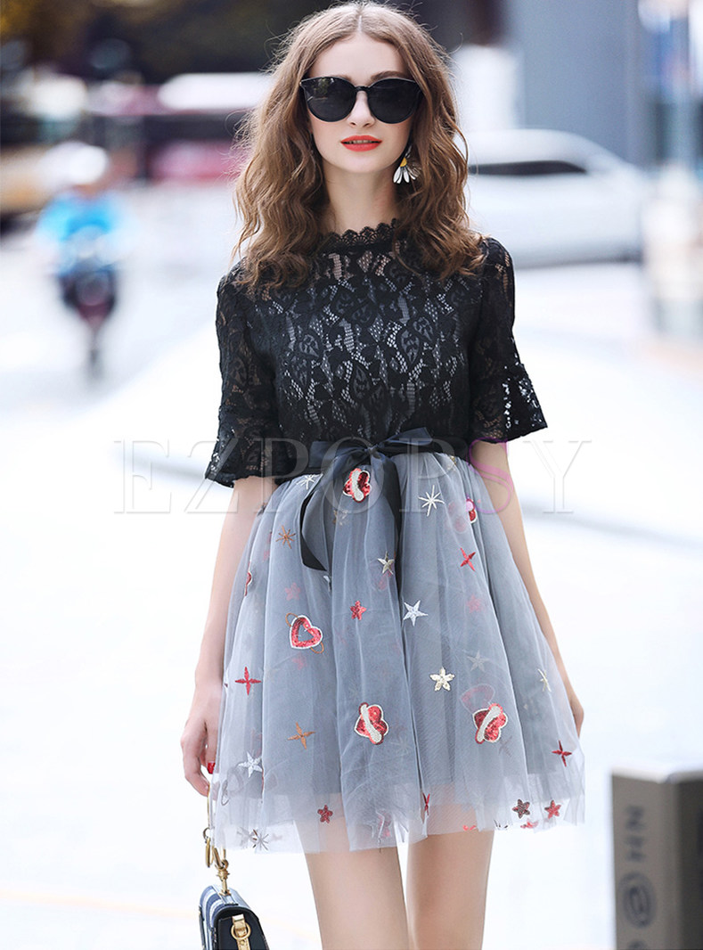 Sequins Lace Flare Sleeve Mesh A-line Dress