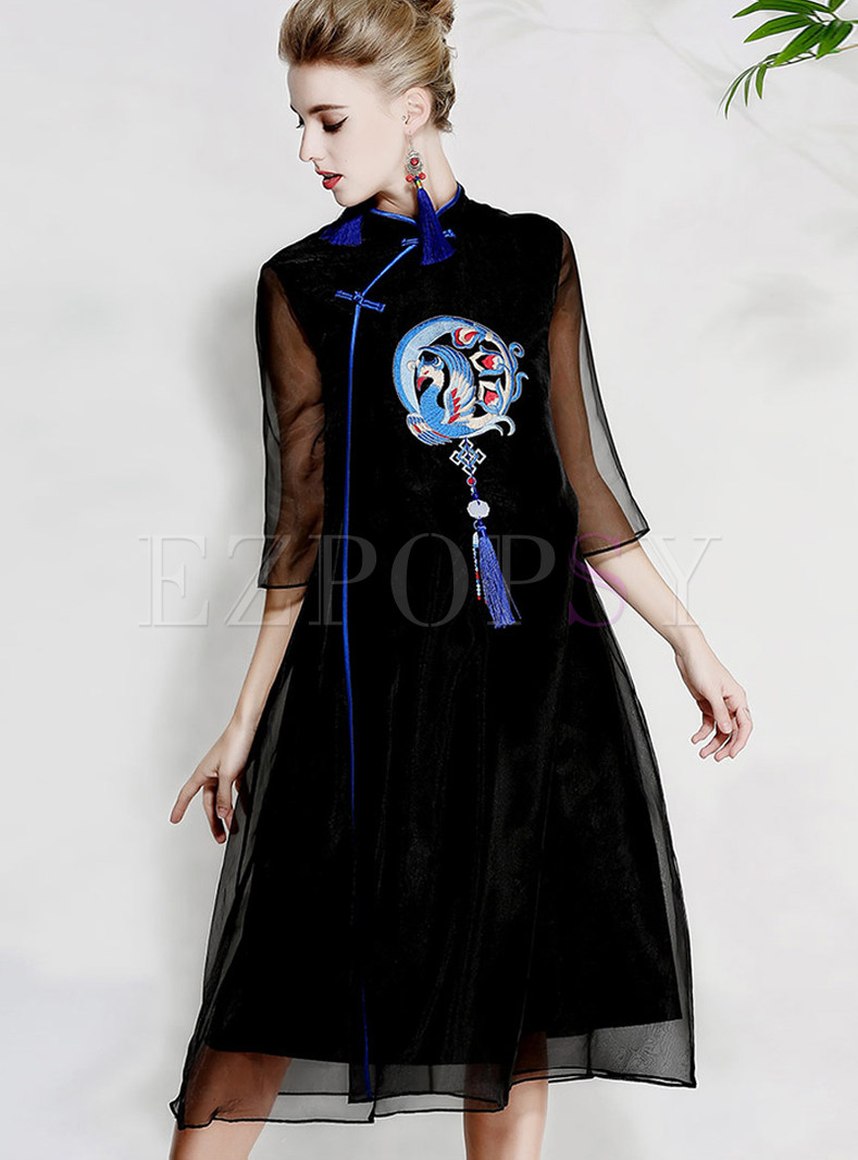 Black Ethnic Embroidered Perspective Shift Dress