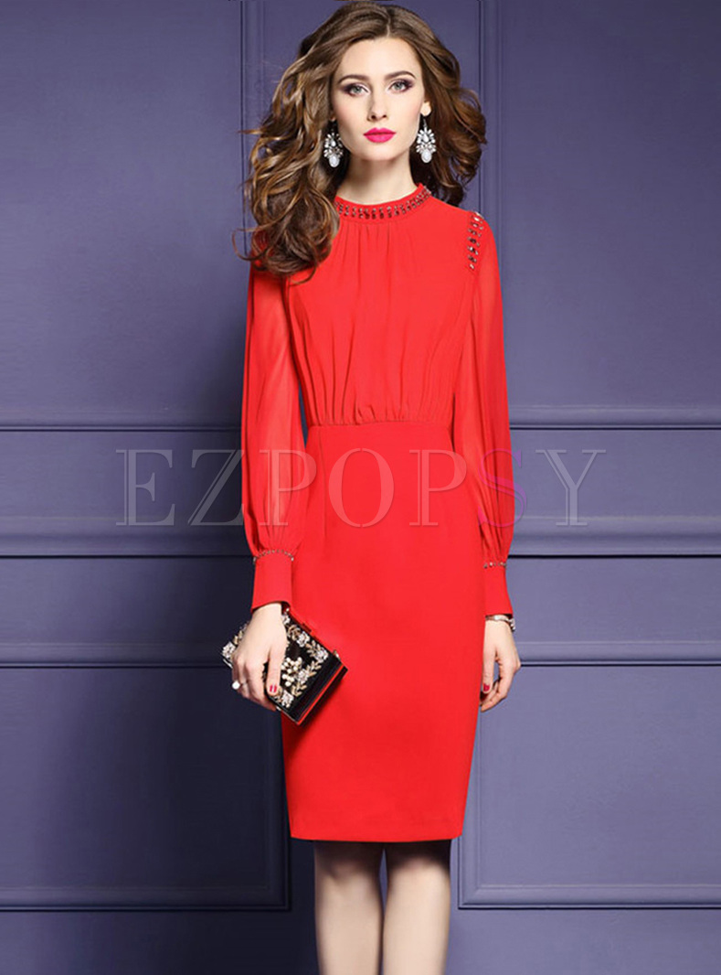Red Beaded Long Sleeve Skinny Dress