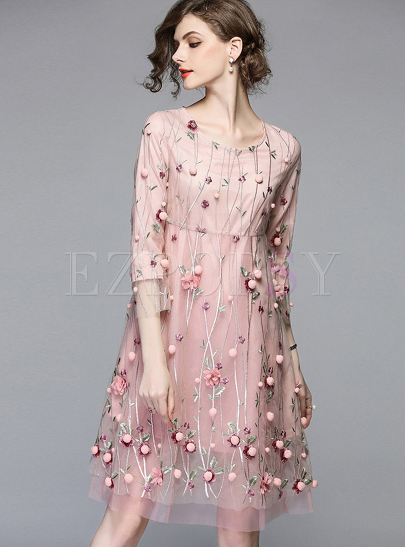 Cute Splicing Floral Embroidery Skater Dress