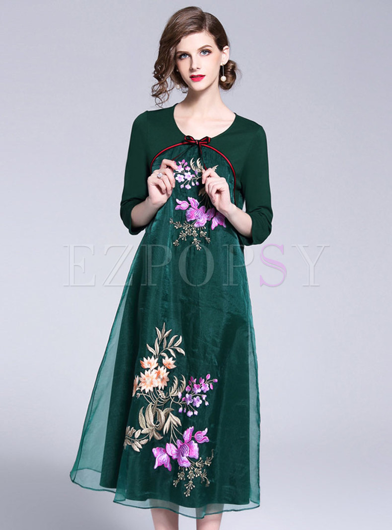 Ethnic Embroidered Hollow Out Loose Dress