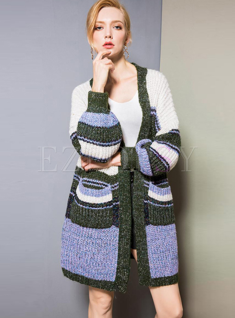 Trendy Long Sleeve Striped Knitted Coat