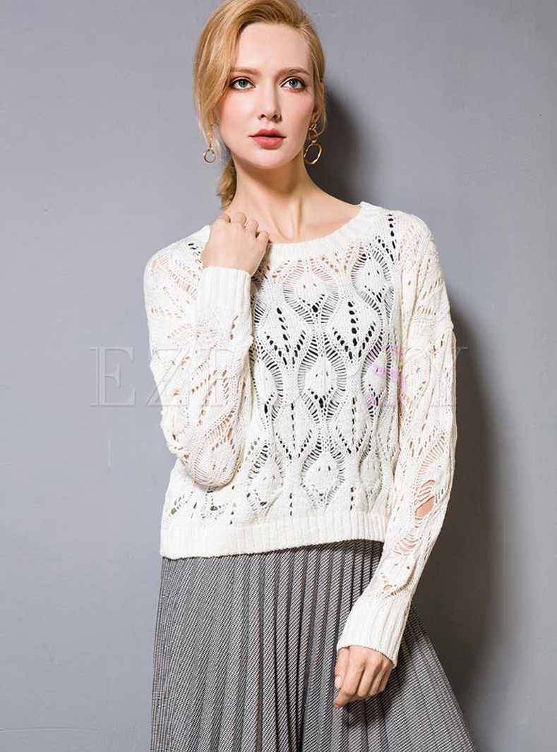 White O-neck Hollow Out Sweater