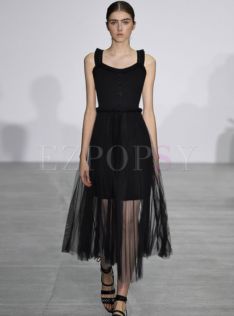 Black Knitting Long Mesh Pleated Slip Dress