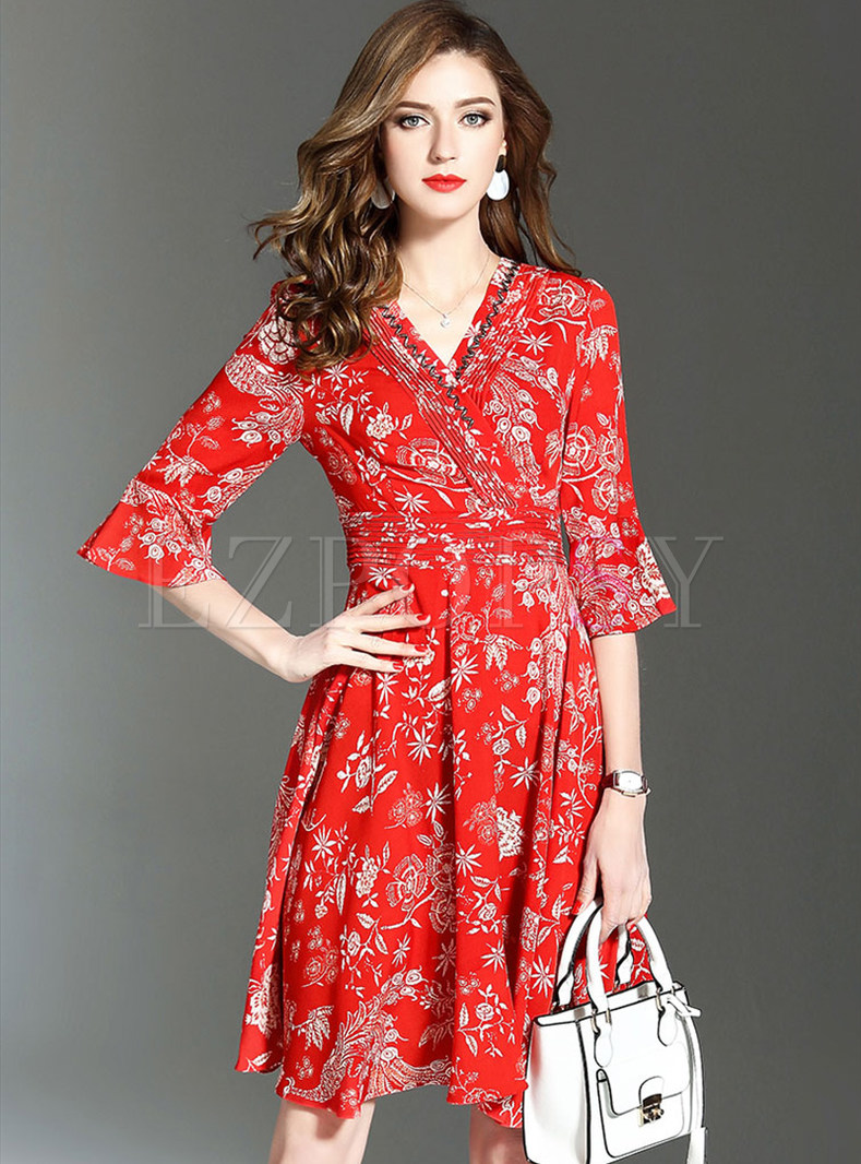 Red Silk Flare Sleeve Nail Bead A Line Dress