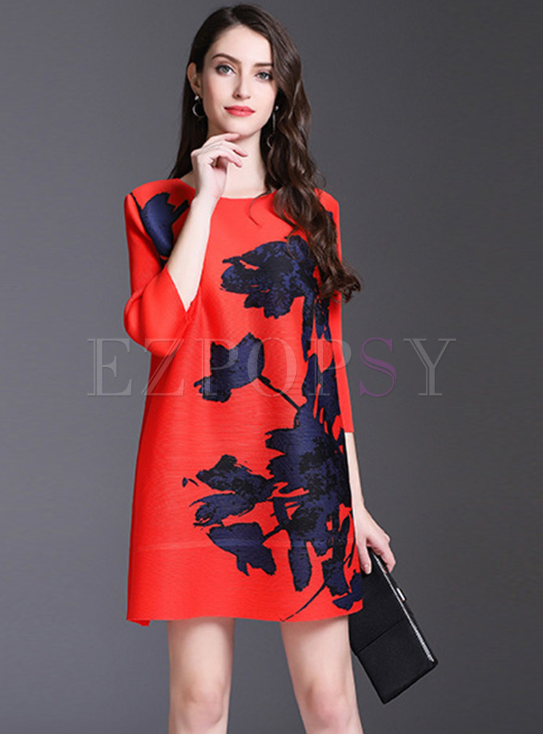 Red Fashion Print Loose Straight Dress