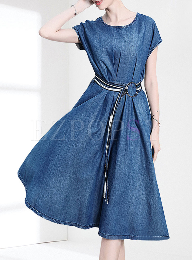 Casual Batwing Sleeve Belted Skater Dress