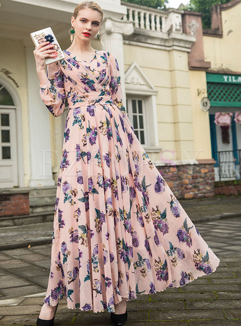 Dresses | Maxi Dresses | Casual Pink V-neck Floral Pleated Maxi Dress