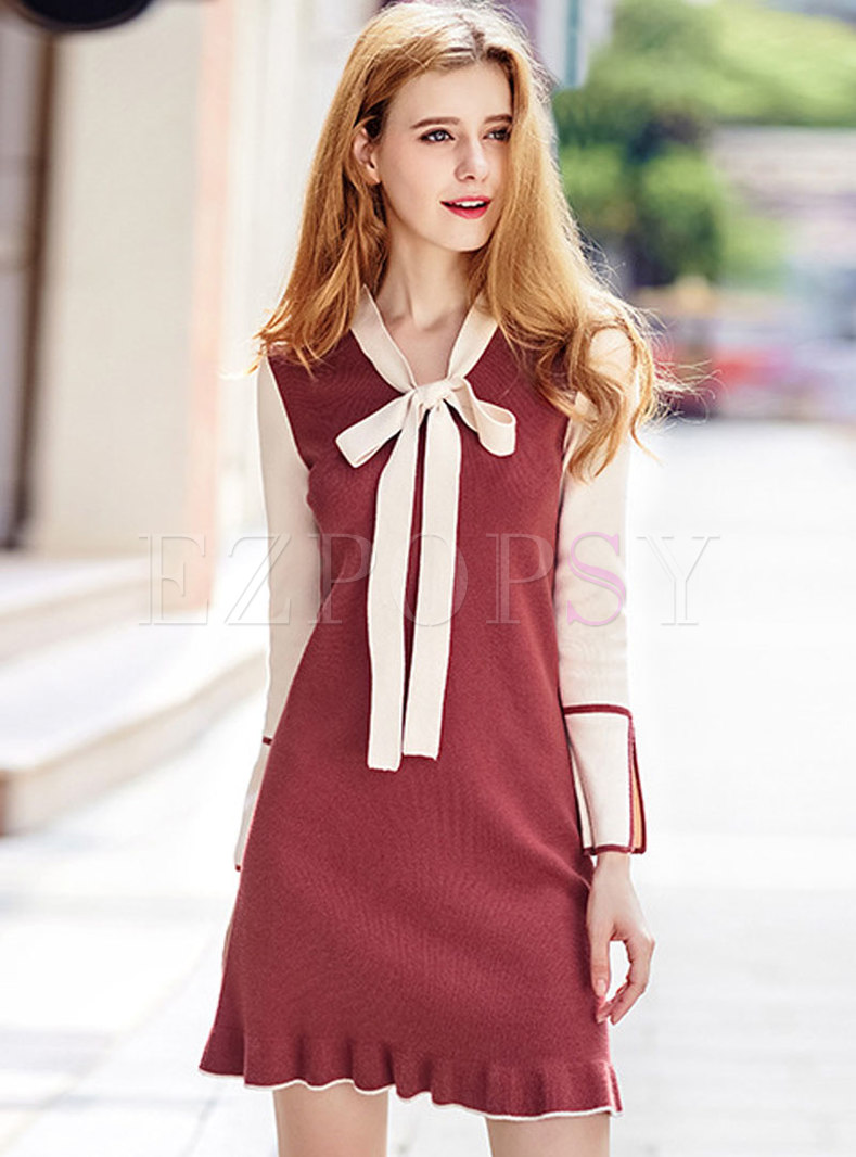 Contrast-color Sweet Knitted Dress