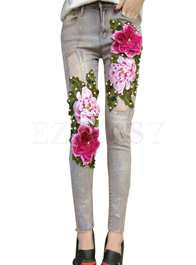 Vintage Sequined Stereoscopic Flower Jeans
