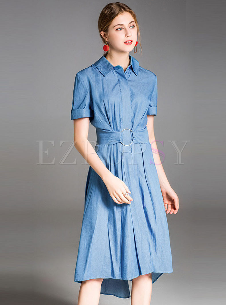 Dresses | Skater Dresses | Light Blue Lapel Belted Asymmetric Denim Dress