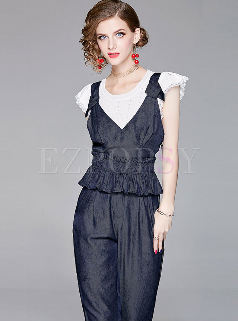 White Knitted O-neck Top With Tied Waist Vest & Slim Pants
