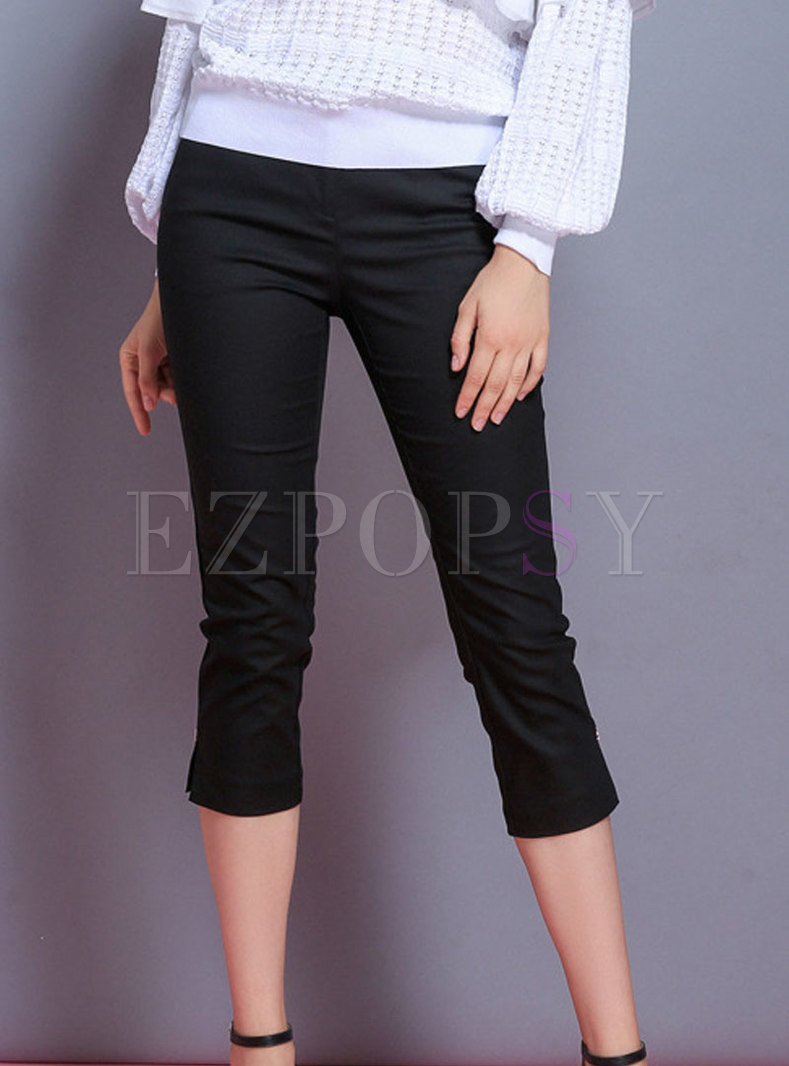 Trendy Black Metal Belted Slit Straight Pants