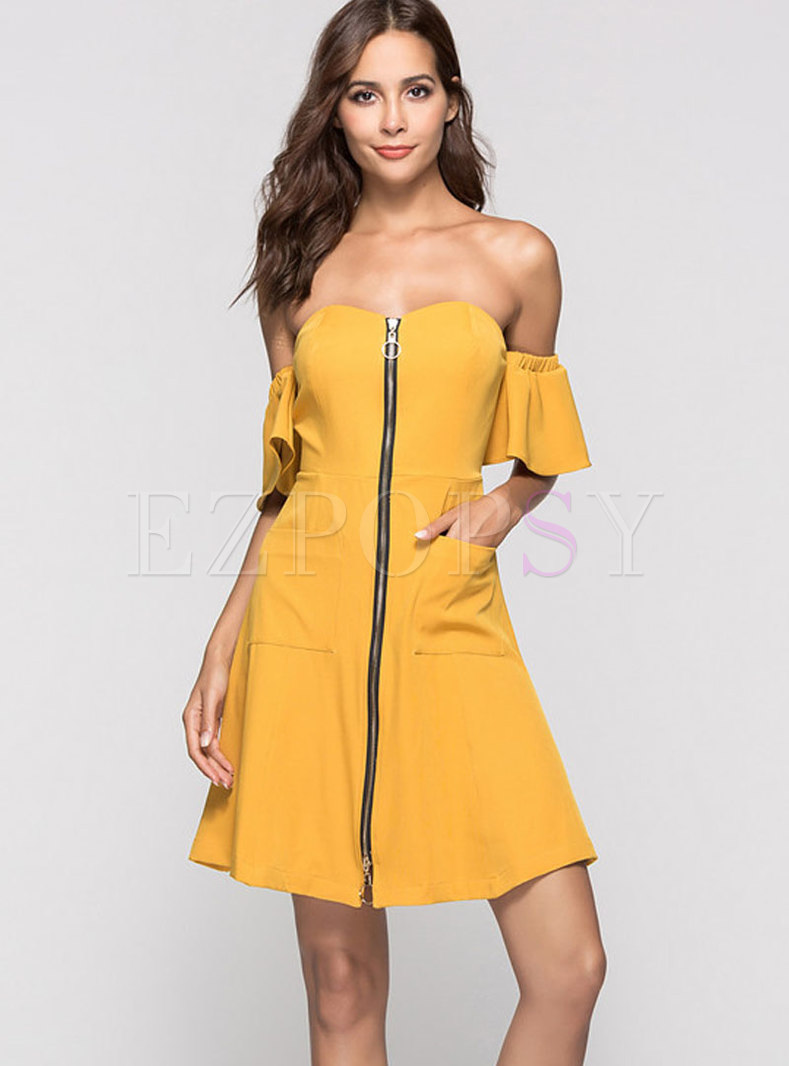 Sexy Zipper-front Skinny Dress With Pocket Detail