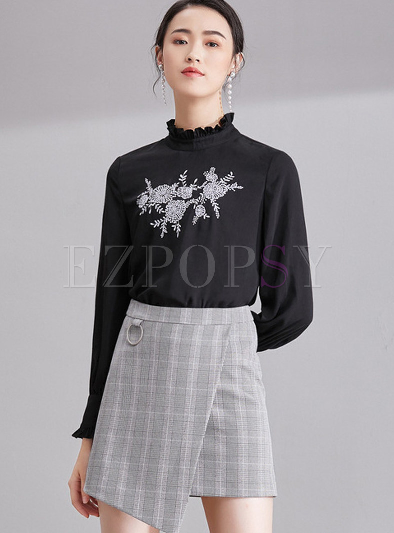 Black Stand Collar Embroidered Blouse 