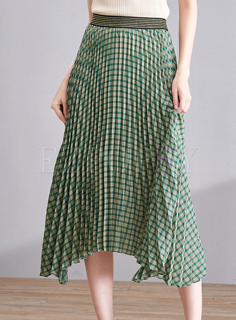 Grid Asymmetric Hem Pleated Skirt