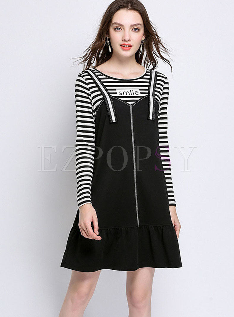 Plus Size Striped Top & Zipper-front Overall Dress
