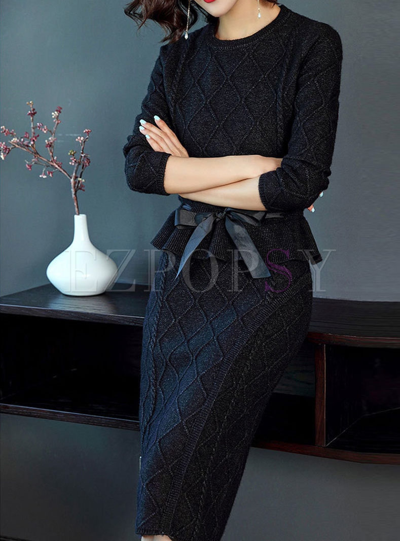 Brief O-neck Belted Sweater & Slim Knitted Skirt