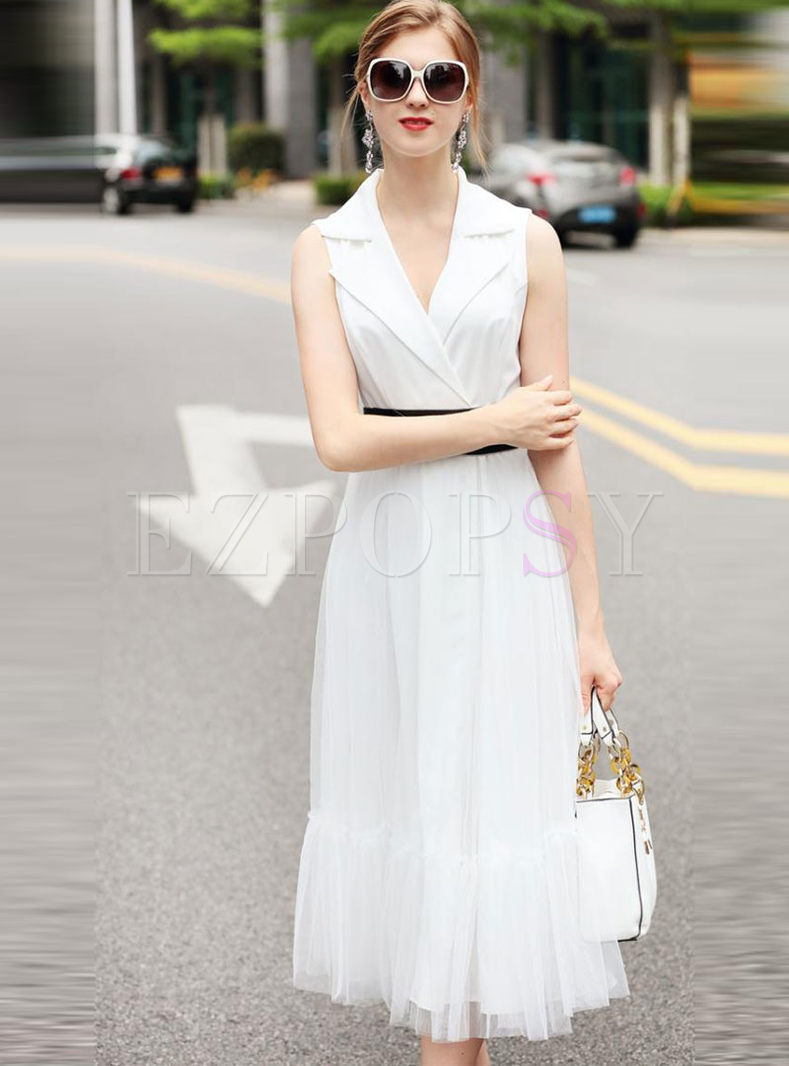 White Mesh Splicing Turn Down Collar Sleeveless Belted Maxi Dress