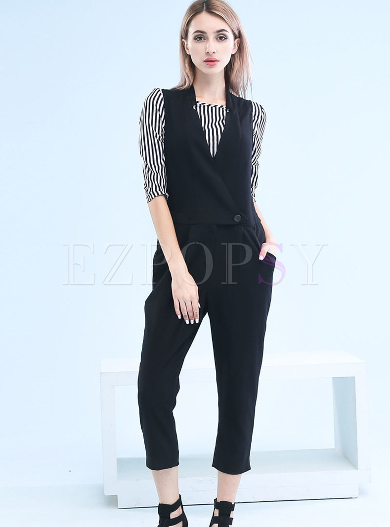 Stylish Black Straight Striped Jumpsuit