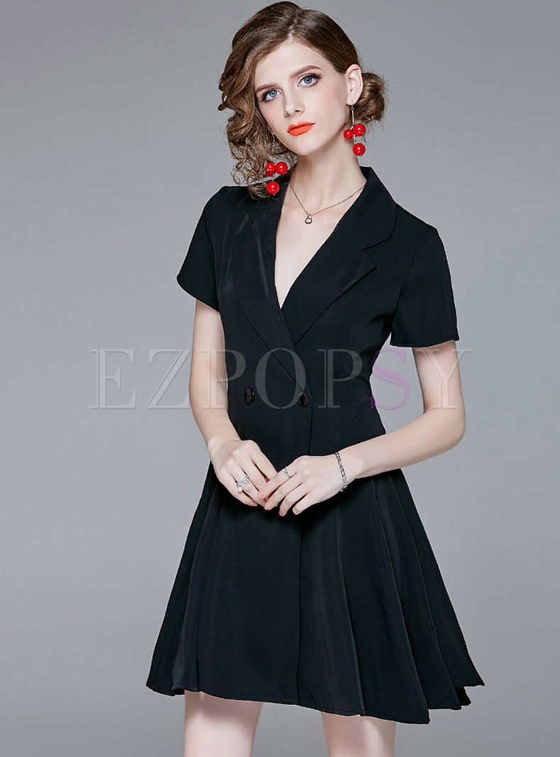 Black Notched Double-breasted Skater Dress
