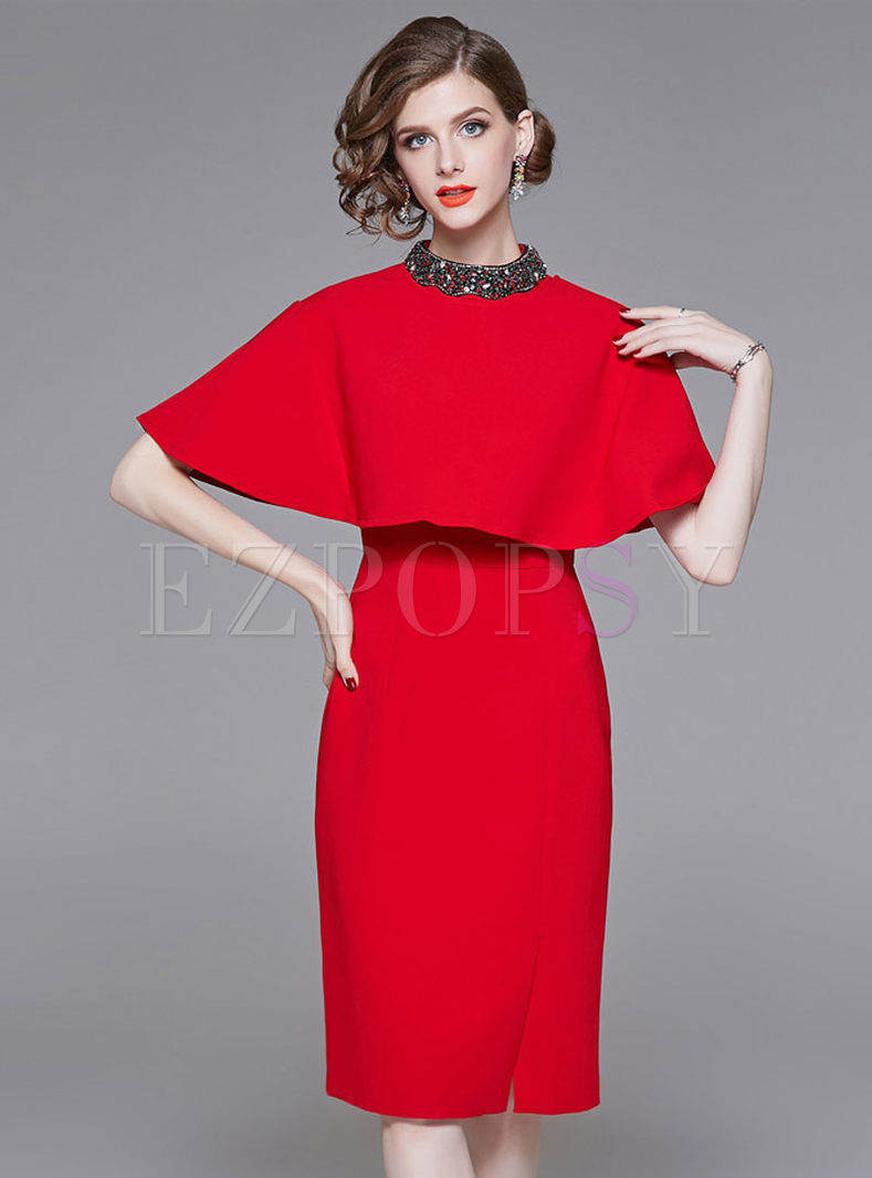 Red Sleeveless Bodycon Dress With Cape