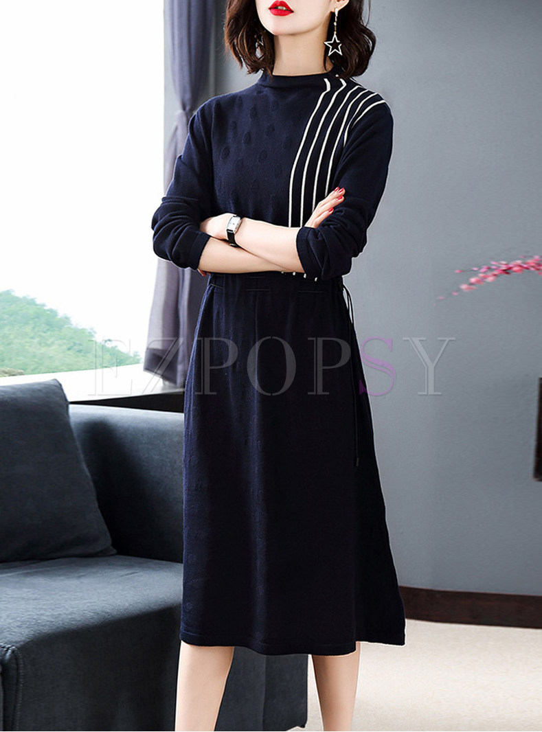 O-neck Long Sleeve Splicing Loose Knitted Dress