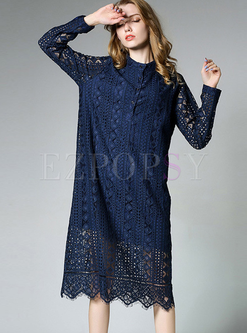 Stand Collar Hollow Out Lace Plus Size Dress