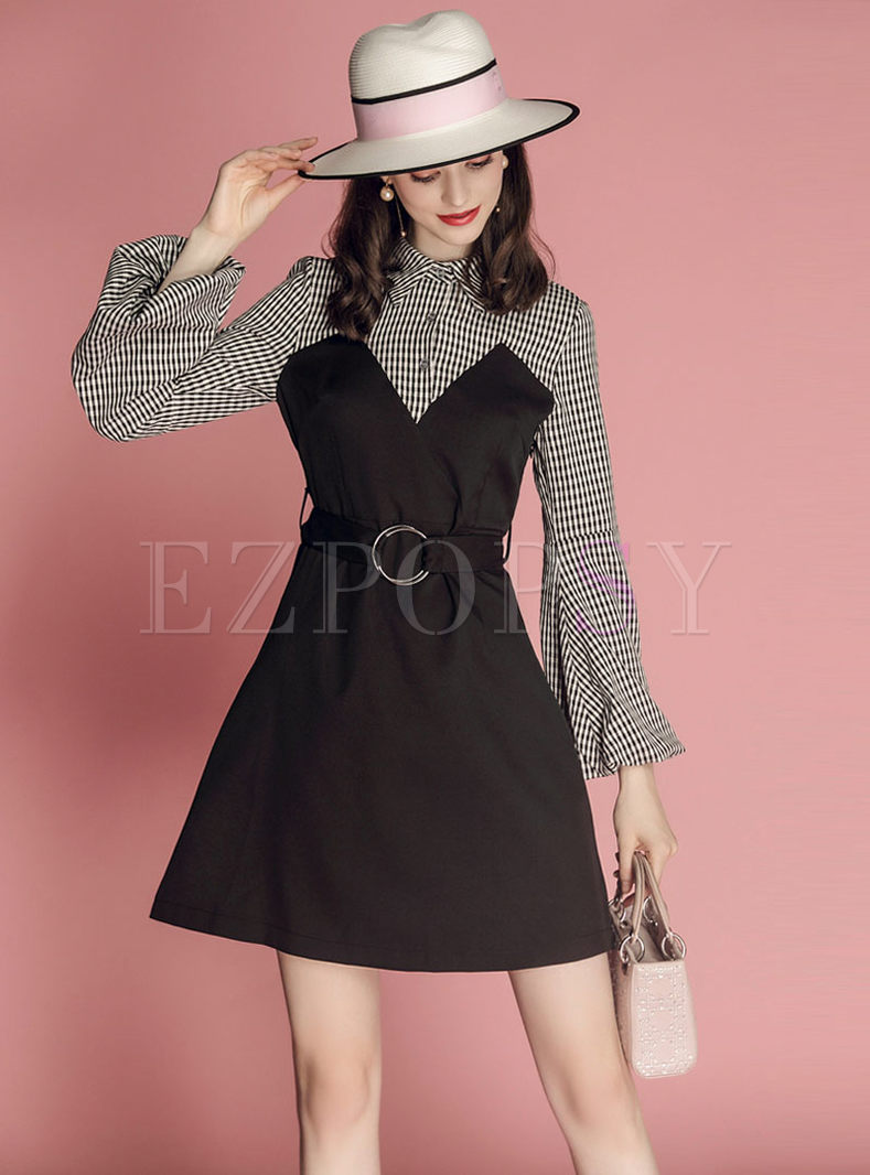 Fashionable Grid Splicing Puff Sleeve Belted Slim Dress