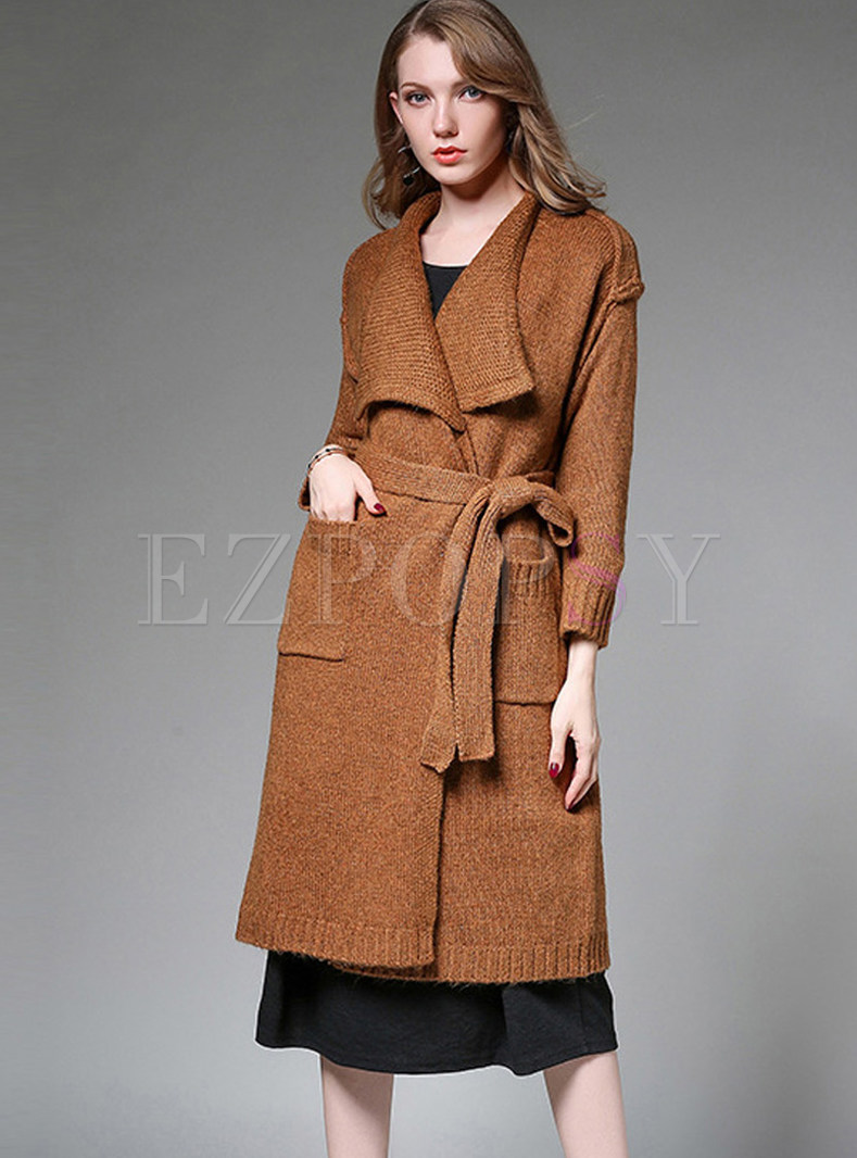 Plus Size Lapel Tied Pocket Knitted Coat