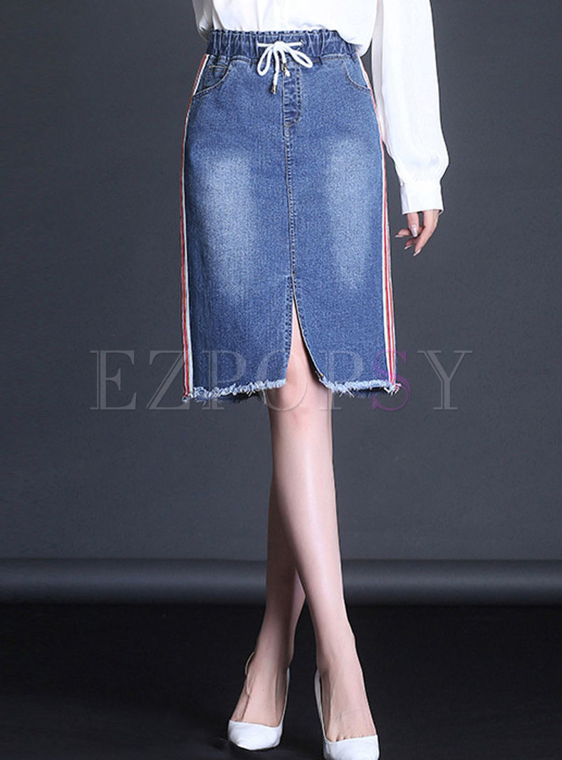 Casual Deep Blue Distressed Denim Skirt With Rough Selvedge