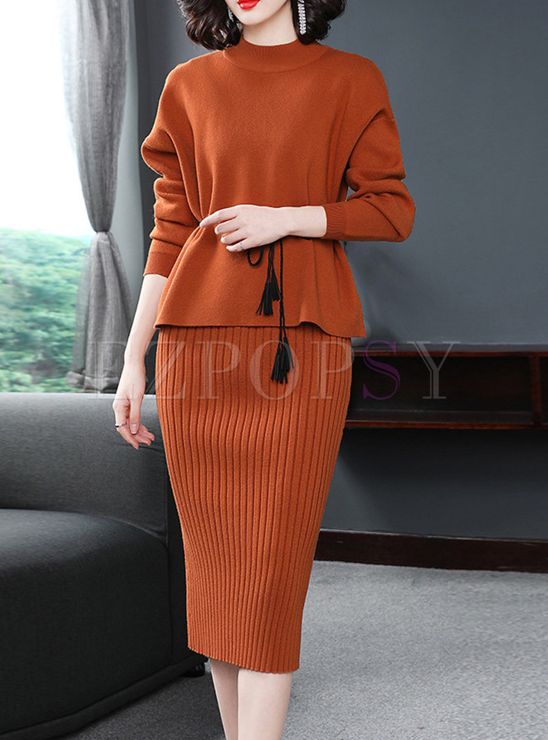 Elegant Knitted Slit Sundress & Long Sleeve Top