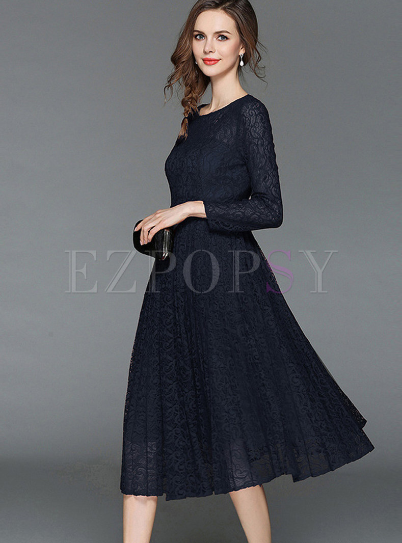 Fashionable Hollow Out Lace Pleated Dress
