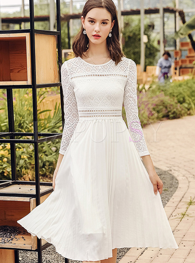 White Brief Hollow Out Lace Pleated A Line Dress
