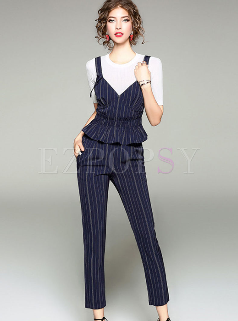 White Knitted T-shirt With Striped Slim Vest & Striped Pencil Pants