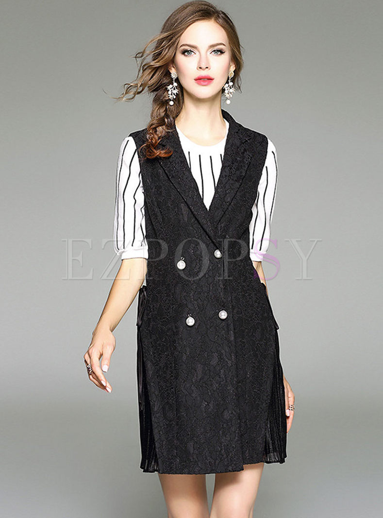  Lace Splicing Double-breasted Notched Tied Vest