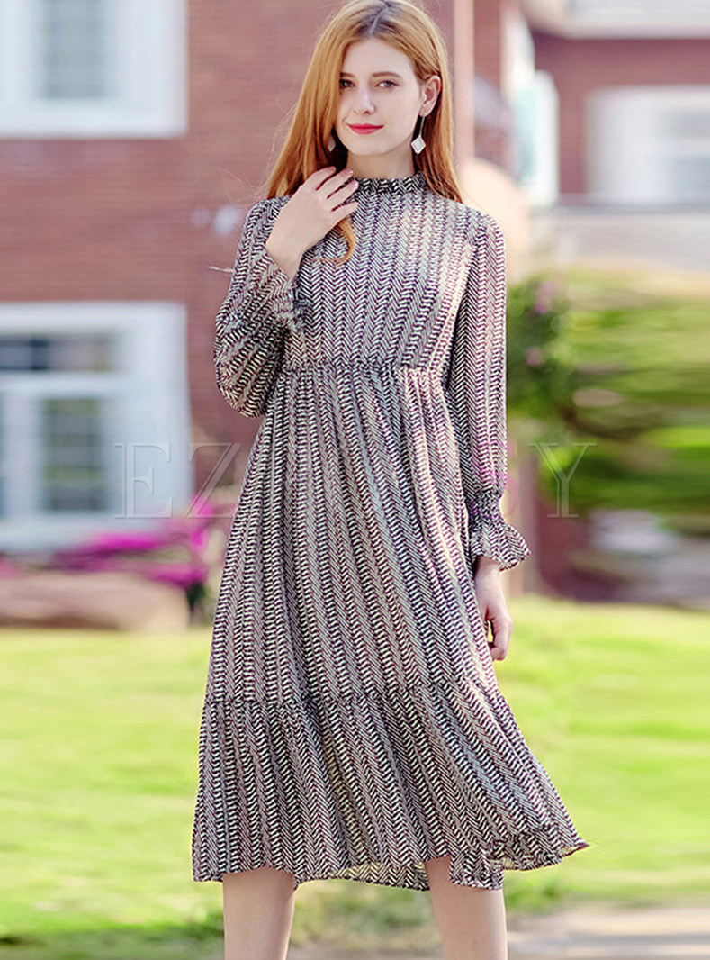 Trendy Standing Collar Striped Print Dress
