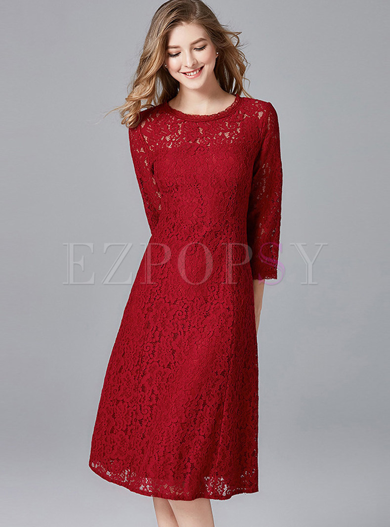 Red O-neck Hollow Out Waist Lace Dress