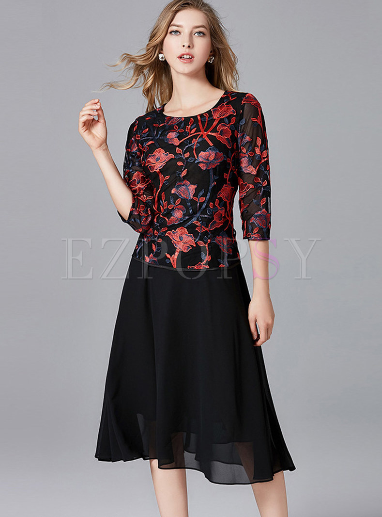 Plus Size Embroidered Splicing Black Dress