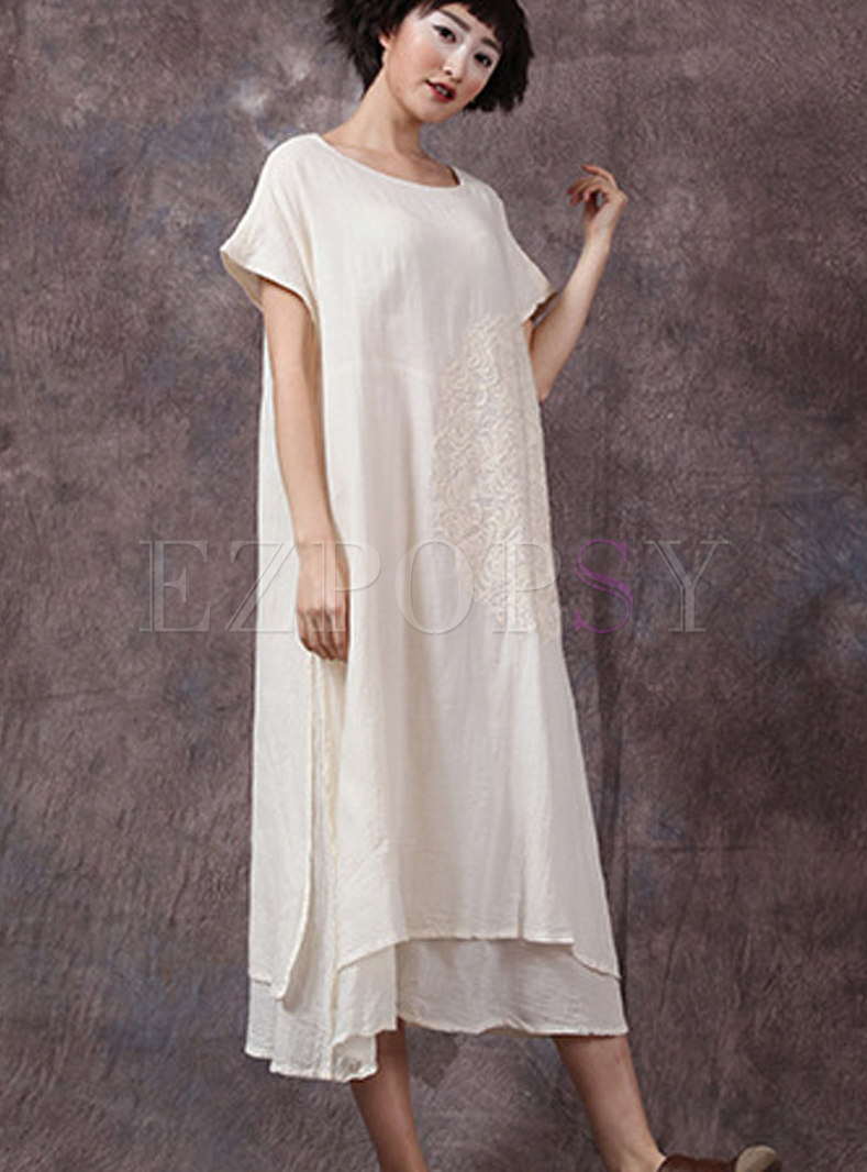 Short Sleeve Cotton Embroidered Floral Shift Dress