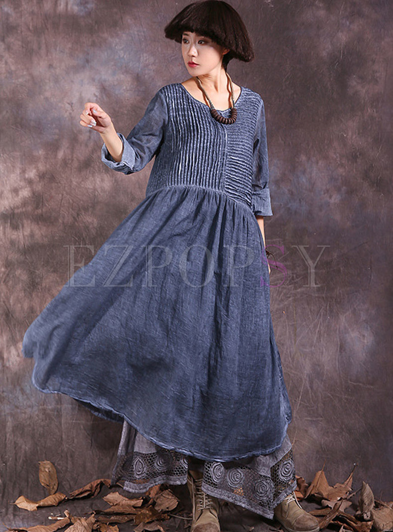 Vintage Long Sleeve Shift Shirred Maxi Dress