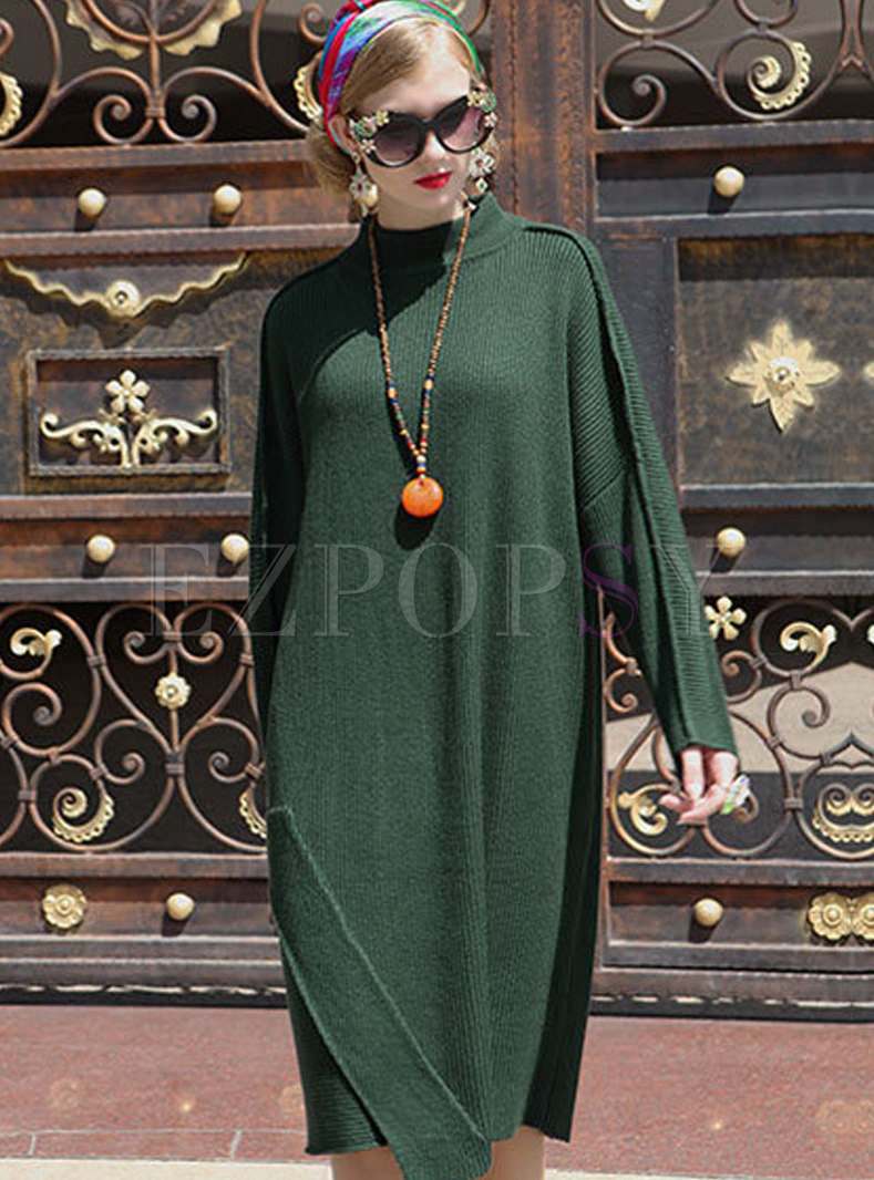 Deep Green Long Sleeve Shift Knitted Dress