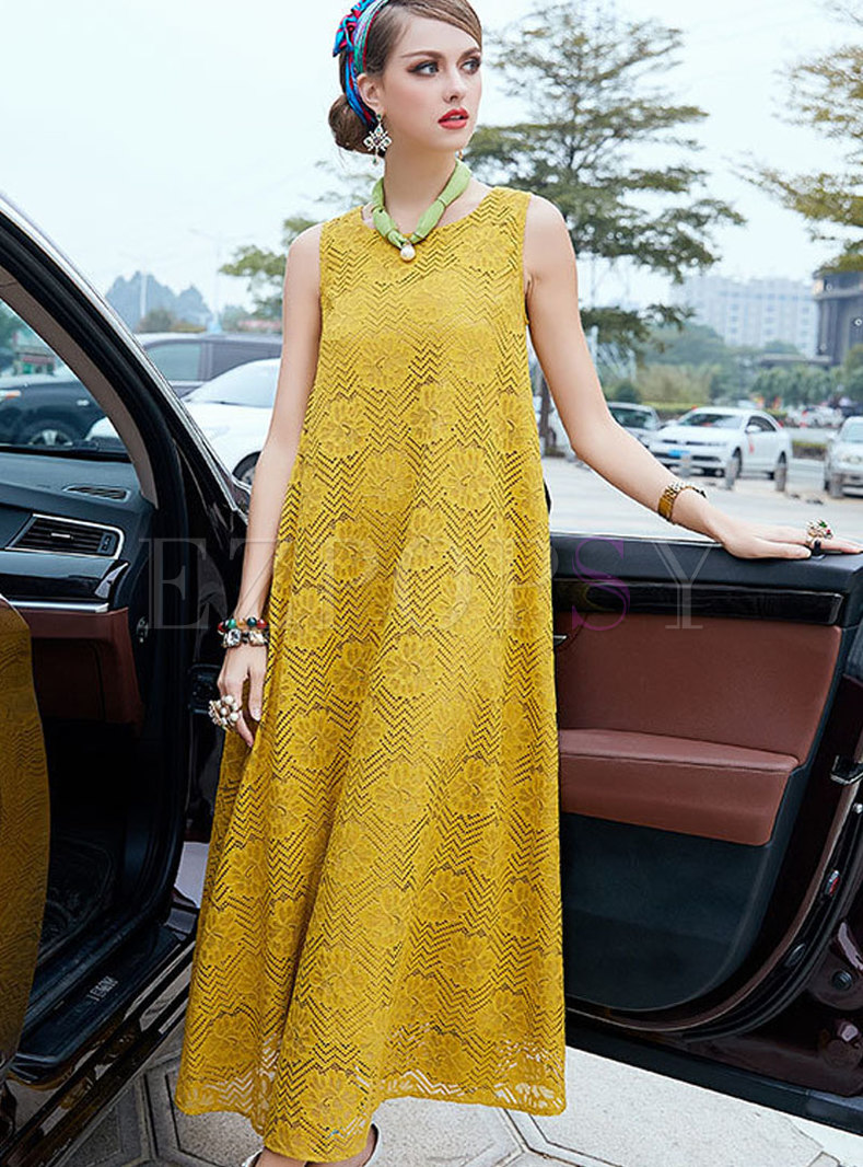 Stylish Yellow Lace-paneled Hollow Out Dress