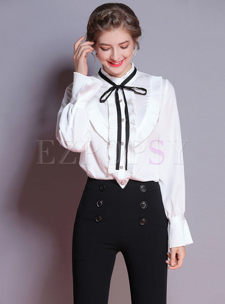 Single-breasted Stand Collar Flare Sleeve Bowknot Falbala Blouse