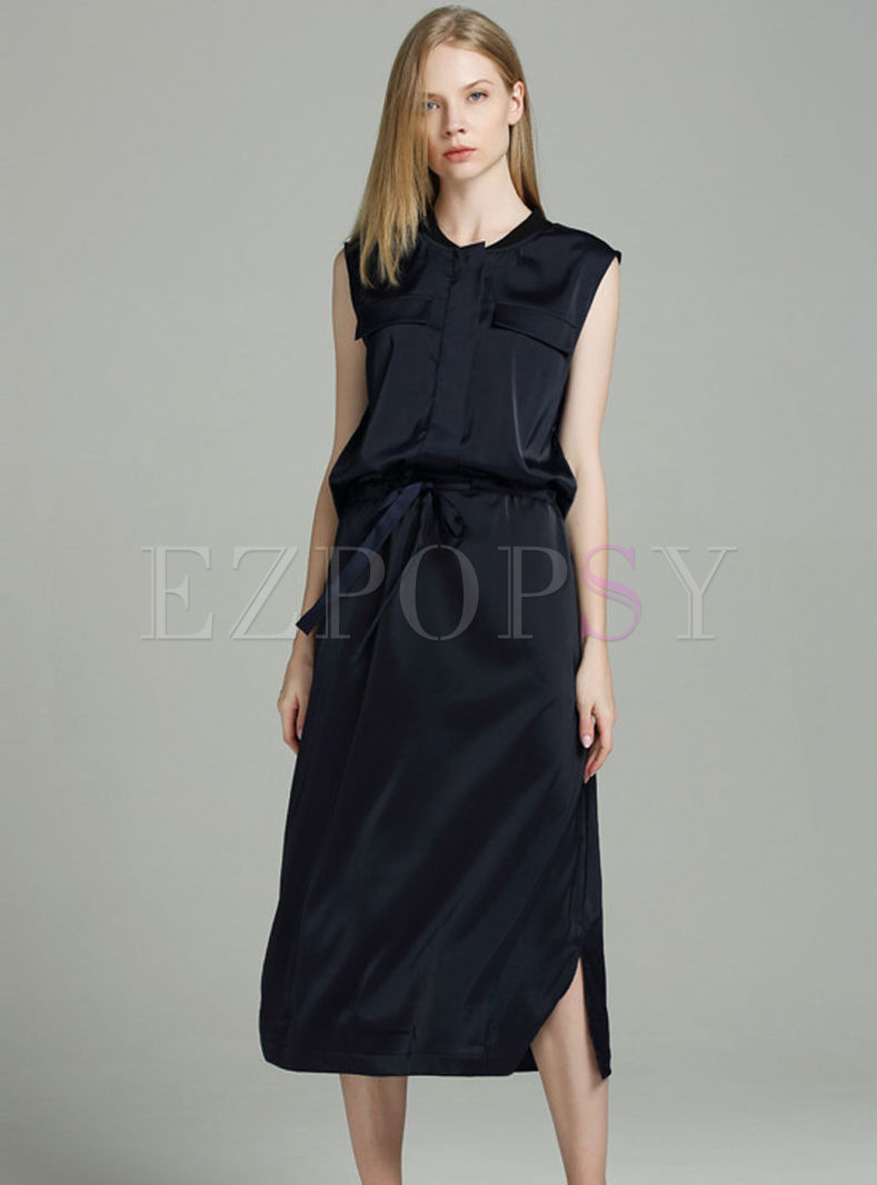 Brief Pure Color Sleeveless Tied Pocket Dress