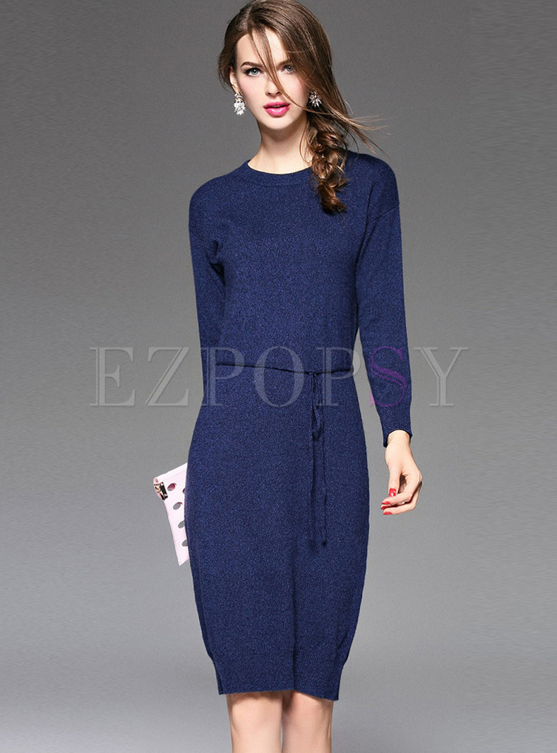 Solid Color Wool O-neck Knitted Sheath Dress
